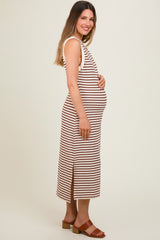 Mocha Striped Sleeveless Maternity Midi Dress