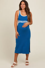 Navy Ribbed Square Neck Side Slit Maternity Dress