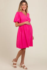 Fuchsia Linen Puff Sleeve Maternity Dress