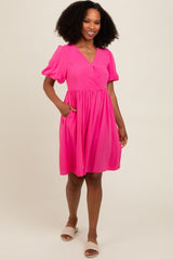 Fuchsia Linen Puff Sleeve Dress