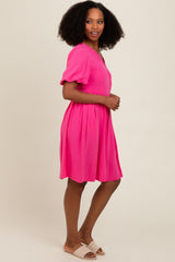 Fuchsia Linen Puff Sleeve Dress