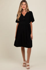 Black Linen Puff Sleeve Maternity Dress