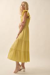 Key Lime Solid Square-Neck Smock-Bodice Midi Dress