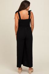 Black Smocked Wide Leg Maternity Jumpsuit