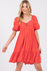 Red U Notched Bubble Short Sleeve Dress