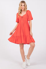 Red U Notched Bubble Short Sleeve Dress
