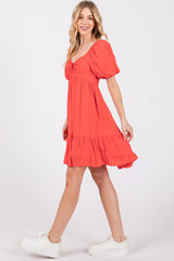 Red U Notched Bubble Short Sleeve Dress