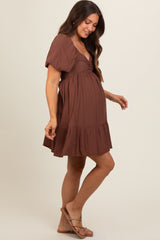 Brown U Notched Bubble Short Sleeve Maternity Dress