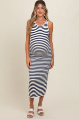 Navy Blue Sleeveless Round Neck Striped Rib Sweater Maternity Midi Dress