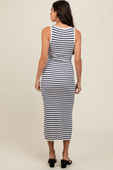 Navy Blue Sleeveless Round Neck Striped Rib Sweater Midi Dress