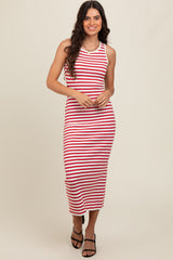 Red Sleeveless Round Neck Striped Rib Sweater Midi Dress