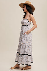 Taupe Floral Wavy Trim Maxi Dress