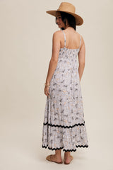 Taupe Floral Wavy Trim Maxi Dress