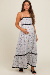 Taupe Floral Wavy Trim Maternity Maxi Dress