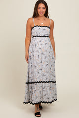 Taupe Floral Wavy Trim Maternity Maxi Dress