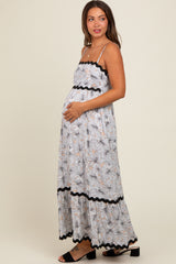 Taupe Floral Wavy Trim Maternity Maxi Dress