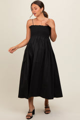 Black Smocked Pocketed Maternity Midi Dress