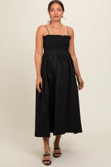 Black Smocked Pocketed Maternity Midi Dress