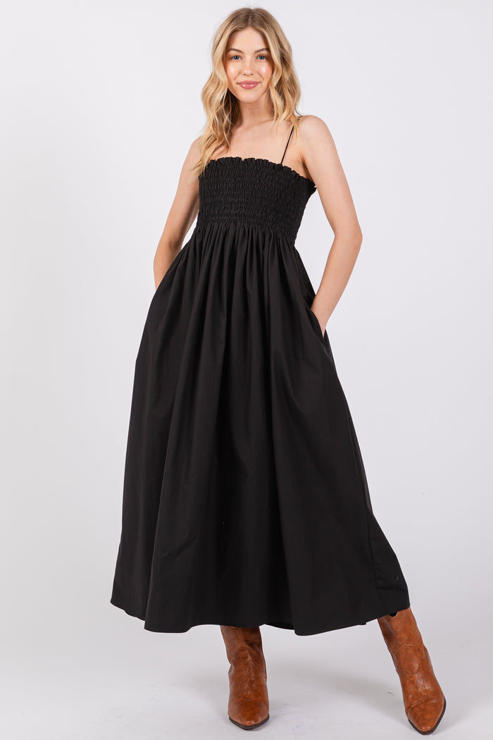 Black Smocked Pocketed Midi Dress