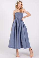 Blue Smocked Pocketed Midi Dress