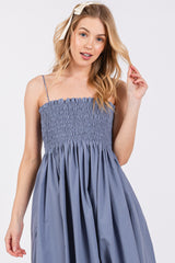 Blue Smocked Pocketed Midi Dress