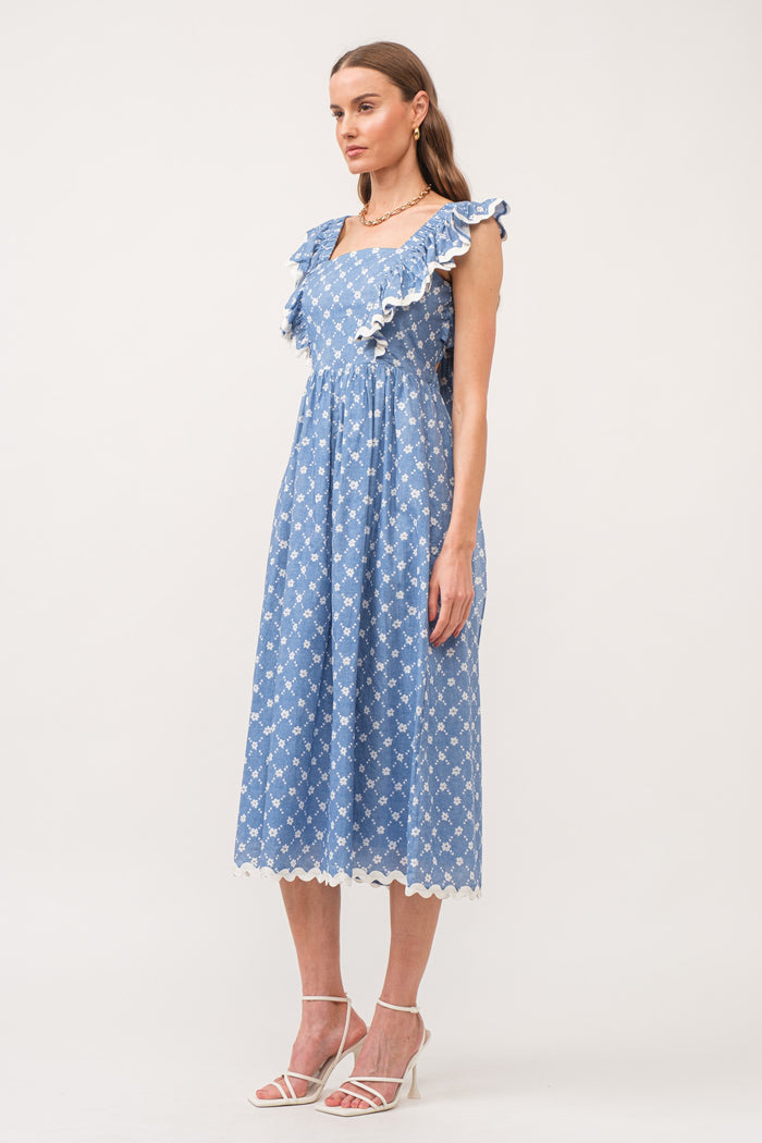 Blue Printed Ruffle Accent Midi Dress