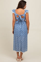 Blue Printed Ruffle Trim Maternity Maxi Dress