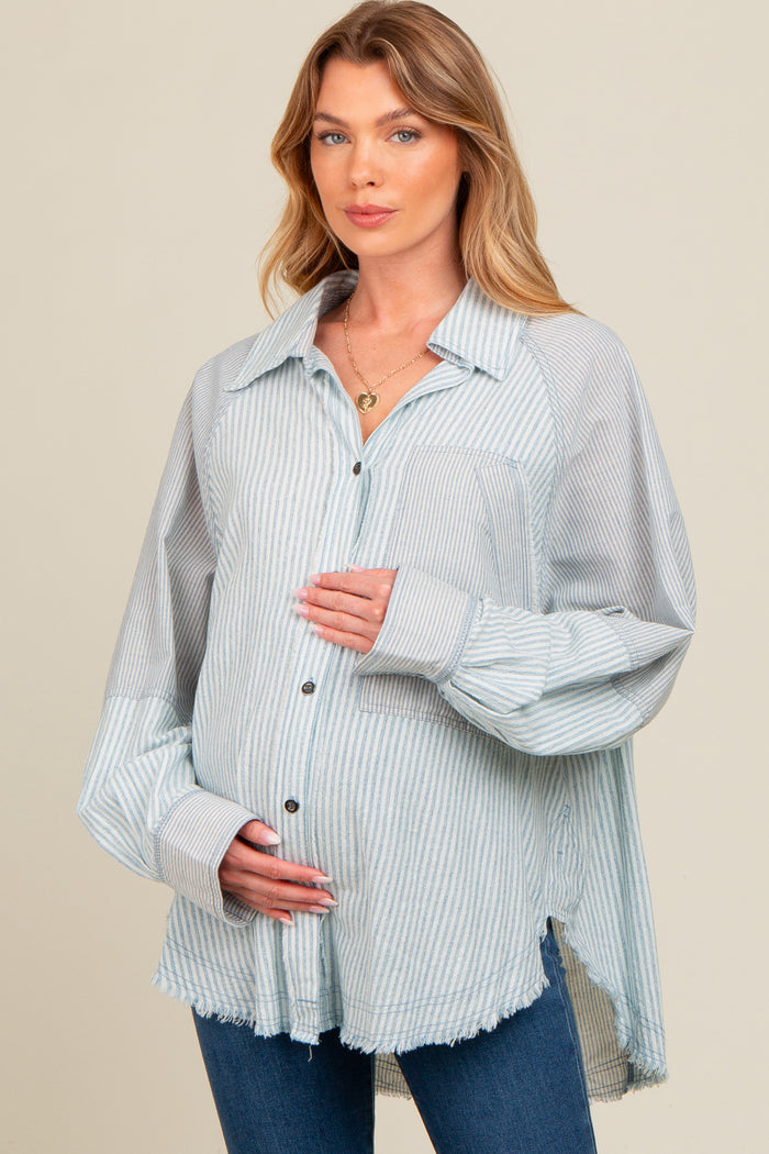 Blue Striped Button Down Oversized Long Sleeve Maternity Top