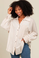 Beige Striped Button Down Oversized Long Sleeve Maternity Top