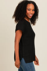 Black Dolman Short Sleeve Side Slit Sweater Top