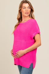 Fuchsia Dolman Short Sleeve Side Slit Maternity Sweater Top