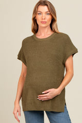 Light Olive Dolman Short Sleeve Side Slit Maternity Sweater Top