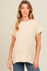 Beige Dolman Short Sleeve Side Slit Maternity Sweater Top