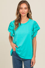 Turquoise Eyelet Lace Short Sleeve Maternity Top