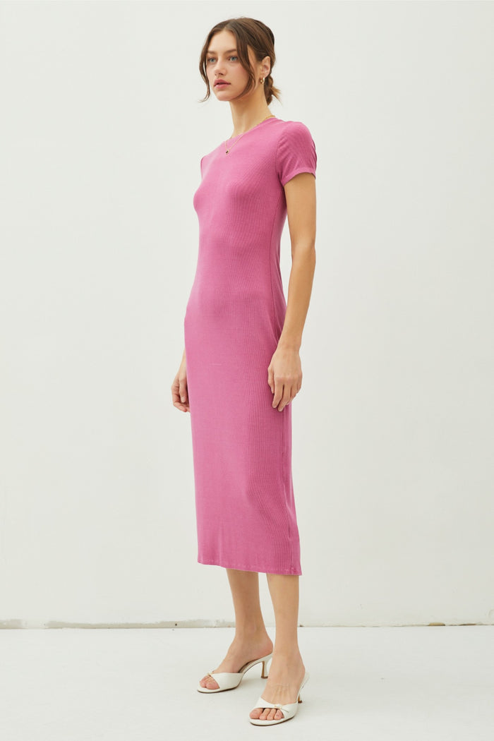 Magenta Rib Knit Back Slit Dress