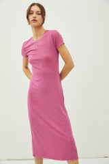 Magenta Rib Knit Back Slit Dress