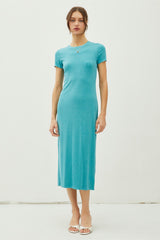 Turquoise Rib Knit Back Slit Maternity Dress