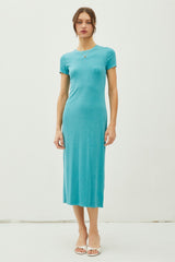 Turquoise Rib Knit Back Slit Dress