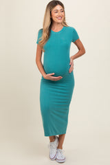 Turquoise Rib Knit Back Slit Maternity Dress