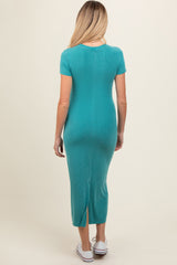 Turquoise Rib Knit Back Slit Maternity Dress