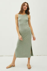 Light Olive Ribbed Knit Side Slit Sleeveless Maternity Dress