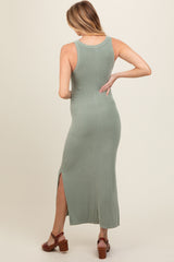 Light Olive Ribbed Knit Side Slit Sleeveless Maternity Dress