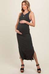 Charcoal Ribbed Knit Side Slit Sleeveless Maternity Dress