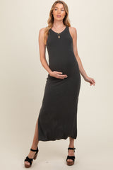 Charcoal Ribbed Knit Side Slit Sleeveless Maternity Dress