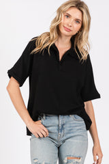 Black Ribbed Collared Top