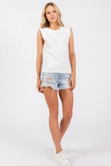 Ivory Ribbed Ruffle Shoulder Tank Top