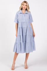 Blue Striped Tiered Raw Hem Midi Dress