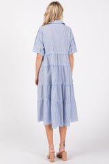 Blue Striped Tiered Raw Hem Midi Dress