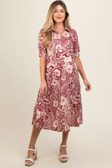 Burgundy Floral Collared Tiered Maternity Midi Dress