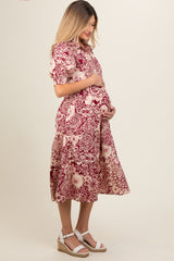 Burgundy Floral Collared Tiered Maternity Midi Dress